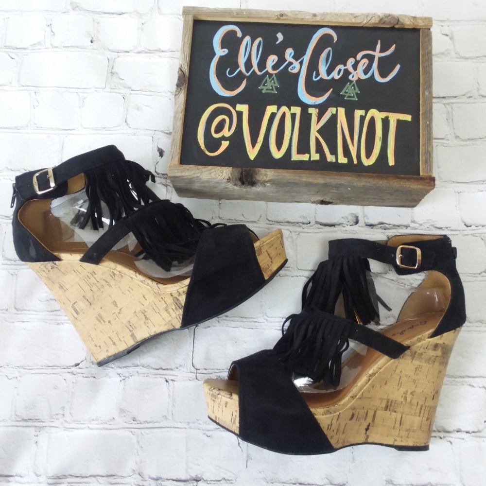 Qupid Fringe Cork Wedges Black